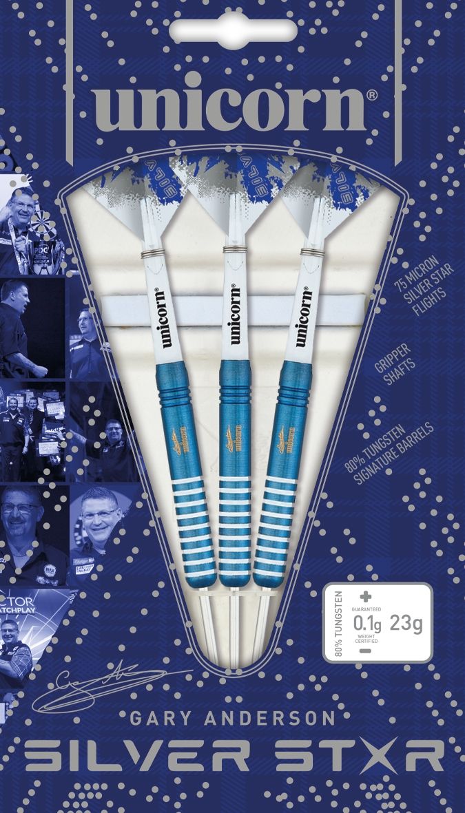 Unicorn Blue Silver Start Gary Anderson Steel Darts - 80% Tungsten